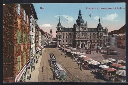 AK Graz, Hauptplatz u. Herrengasse mit Rathaus, Markt und Strassenbahn