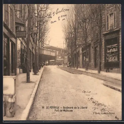 AK Le Perreux, Boulevard de la Liberté, Pont de Mulhouse, Strassenbahn