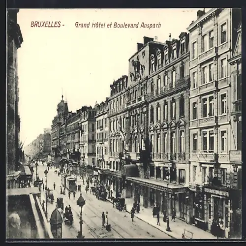 AK Bruxelles, Grand Hotel et Boulevard Anspach, Strassenbahn