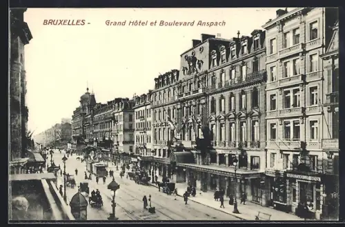 AK Bruxelles, Grand Hotel et Boulevard Anspach, Strassenbahn