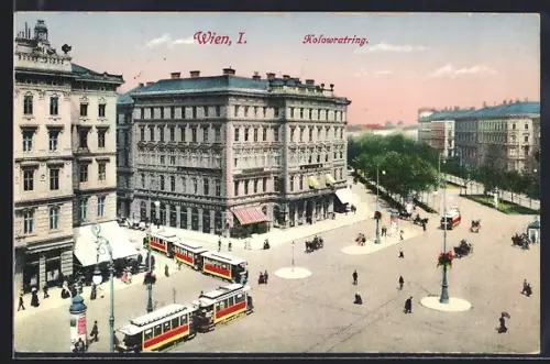 AK Wien, Kolowratring mit Abzweig und Strassenbahnen aus der Vogelschau