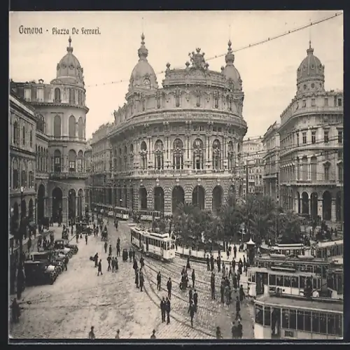 AK Genova, Piazza de Ferrari, Strassenbahn