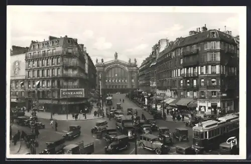 AK Paris, Gare du Nord et Boulevard de Denain, Strassenbahn