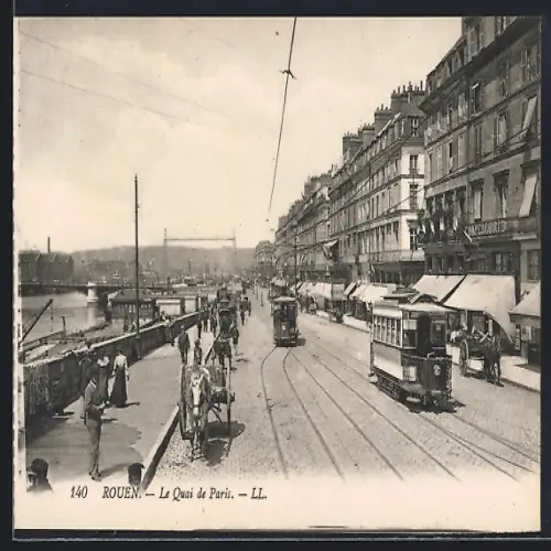 AK Rouen, Le Quai de Paris, Strassenbahn