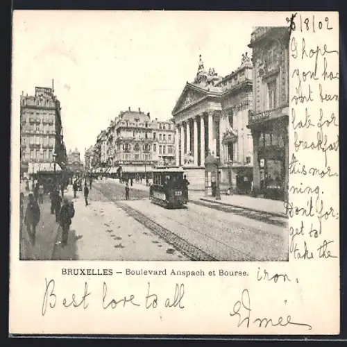 AK Bruxelles, Boulevard Anspach et Bourse, Strassenbahn