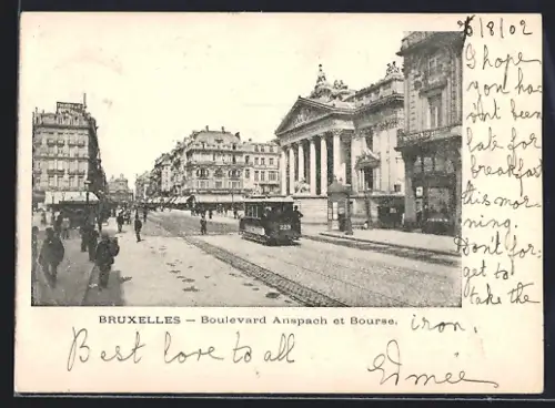 AK Bruxelles, Boulevard Anspach et Bourse, Strassenbahn