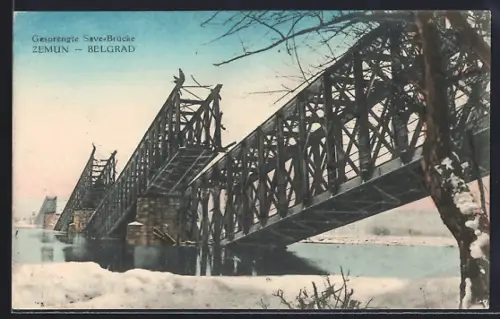 AK Zemun / Semlin, zerstörte Brücke