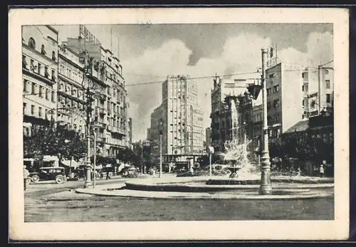 AK Beograd, Terazije, Springbrunnen mit Autos und Hochhäusern