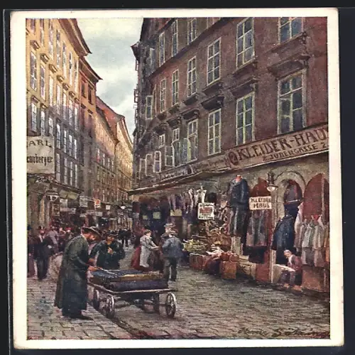 Künstler-AK Wien, Judengasse mit Geschäften