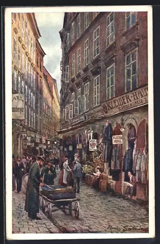 Künstler-AK Wien, Judengasse mit Geschäften