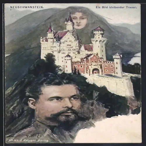 Künstler-AK Fritz Hass: Neuschwanstein, König Ludwig II. von Bayern, vermenschlichte Berge, Berggesichter