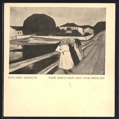Künstler-AK sign. Edvard Munch: Coeln, Sonderbund Internat. Kunst-Ausstellung 1912, Vier Mädchen auf der Brücke