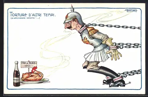 Künstler-AK A. Bertiglia: Propaganda Entente, Kaiser Wilhem II. in Ketten, ein gebratenen Hahn erblickend