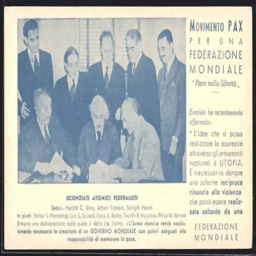 AK Movimento Pax per una Federazione Mondiale, Scienziati Atomici Federalisti, Albert Einstein, Friedensbewegung