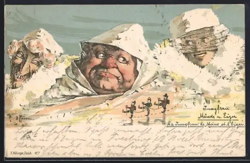 Künstler-AK sign. E. Hansen / Emil Nolde: Jungfrau, Mönch u. Eiger, Berg mit Gesicht / Berggesichter