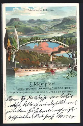Lithographie Eildampfer der Sächs.-Böhm. Dampfschiffahrt die Albrechtsburg passierend