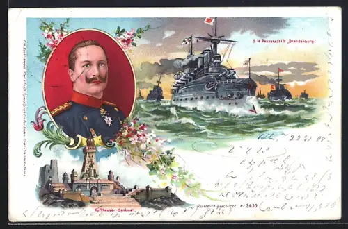 Lithographie S. M. Panzerschiff Brandenburg des Ostasiengeschwaders, Portrait Kaiser Wilhelm II.