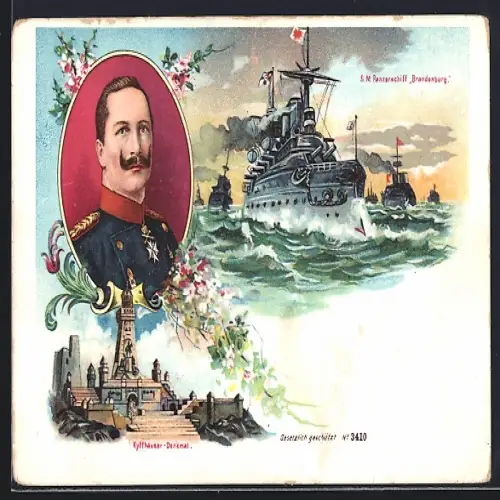 Lithographie SM Panzerschiff Brandenburg, Kyffhäuser-Denkmal, Ostasiengeschwader, Kaiser Wilhelm II.