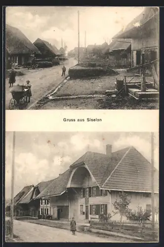 AK Siselen, Kind mit Kinderwagen im Ort
