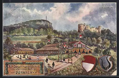 Künstler-AK Dornach, XII. Solothurnisches Kantonalgesangsfest, Festplatz, Wappen