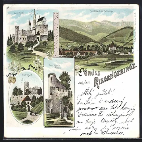 Lithographie Hermsdorf /Riesengebirge, Burg Kynast, Ruine Kynast, Ortsansicht mit Kirche