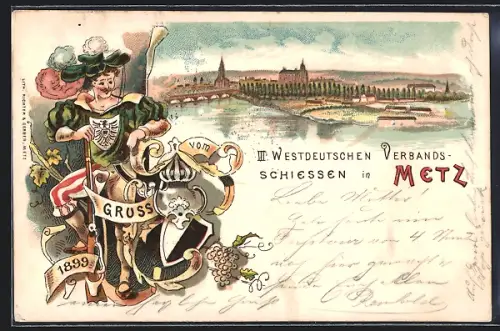 Lithographie Metz, 3. Westdeutsches Verbands-Schiessen, Schütze mit Wappen und Blick auf den Ort