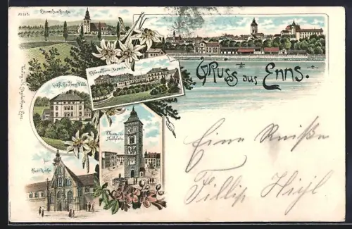 Lithographie Enns, Rechberg Villa, Pfarrkirche, Cavallerie-Kaserne