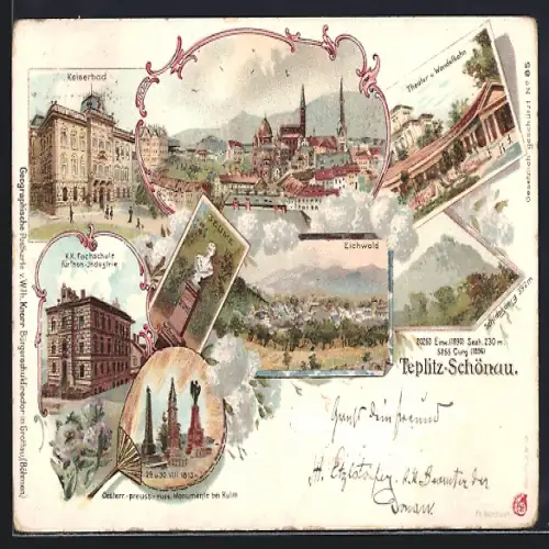 Lithographie Teplitz Schönau / Teplice, Gesamtansicht, Seume, Fachschule & Eichwald