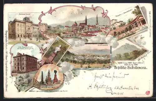 Lithographie Teplitz Schönau / Teplice, Gesamtansicht, Seume, Fachschule & Eichwald