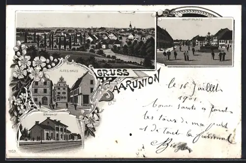 Lithographie Saarunion, Bahnhof von der Gleisseite, Altes Haus, Hauptplatz