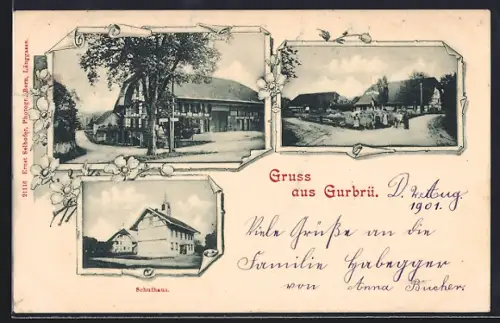 AK Gurbrü, Schulhaus, Kreuzung im Ort
