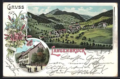 Lithographie Langenbruck, Gasthof z. Ochsen, Ortsansicht mit Berglandschaft