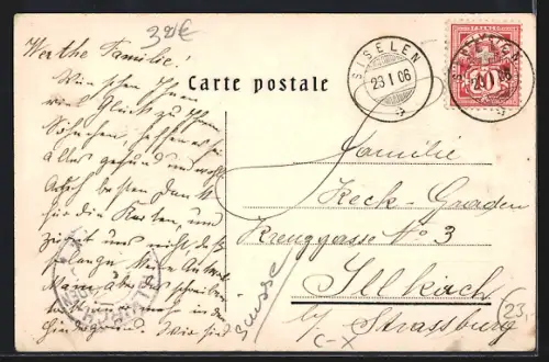 AK Siselen, Handlung v. J. Schwab-Schwab, Strassenpartie mit Fachwerkhäusern