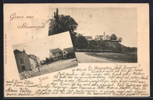 AK Binningen, Partie an der Schule und Blick auf St. Margarethen