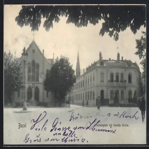 AK Basel, Holbeinplatz mit französ. Kirche