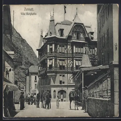 AK Zermatt, Gasthaus Villa Margharita mit Strassenpartie