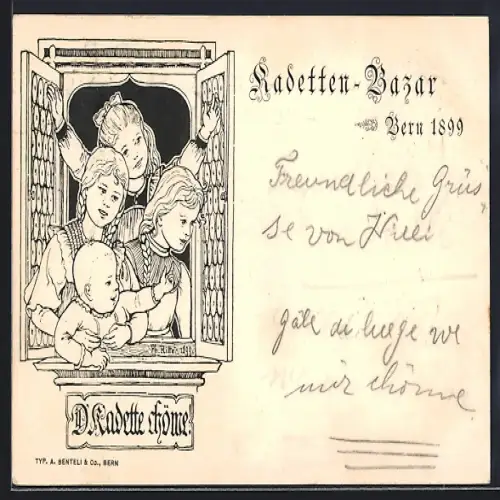 Lithographie Bern, Kadetten-Bazar 1899, Vier Kinder blicken aus einem Fenster