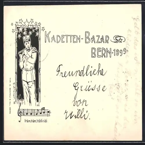 Lithographie Bern, Kadetten-Bazar 1899, Soldat spielt Querflöte