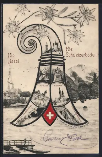 AK Basel, Münster, Rathaus, Johanniterbrücke, Mittlere Rheinbrücke