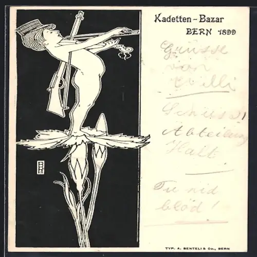 Lithographie Bern, Kadetten-Bazat 1899, Kind mit Gewehr und Geige