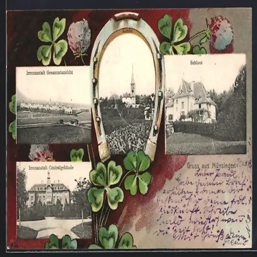AK Münsingen, Schloss, Blick auf die Irrenanstalt, Hufeisen und Klee