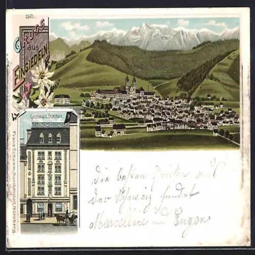 Lithographie Einsiedeln, Gasthaus z. Storchen, Inh. Ol. Frei, Ortsansicht mit Berglandschaft