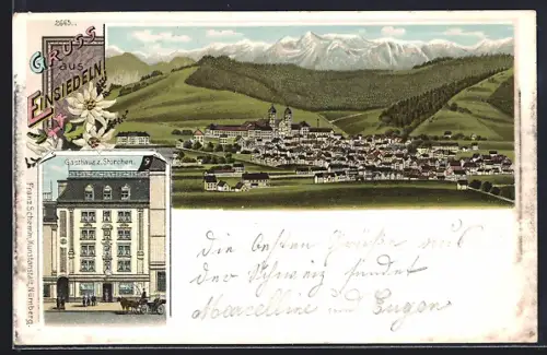 Lithographie Einsiedeln, Gasthaus z. Storchen, Inh. Ol. Frei, Ortsansicht mit Berglandschaft