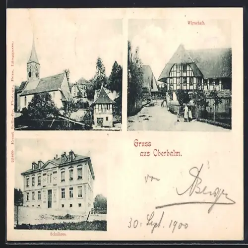 AK Oberbalm, Gasthaus, Schulhaus und Blick auf die Kirche