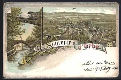 Lithographie Orbe, Bahn auf einer Brücke, Blick über den Ort