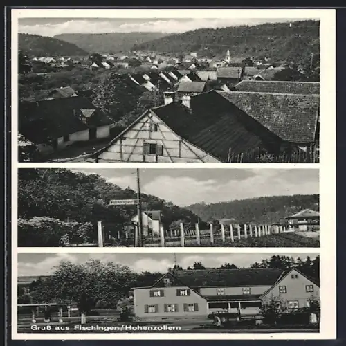 AK Fischingen /Hohenzollern, Gasthaus und Pension zum Bahnhof, Ortspartie mit Wegweiser nach Fischingen, Teilansicht