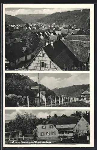 AK Fischingen /Hohenzollern, Gasthaus und Pension zum Bahnhof, Ortspartie mit Wegweiser nach Fischingen, Teilansicht
