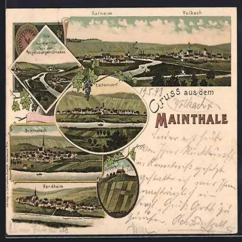Lithographie Escherndorf, Ortsansicht mit Umgebung, Blick ins Mainthal