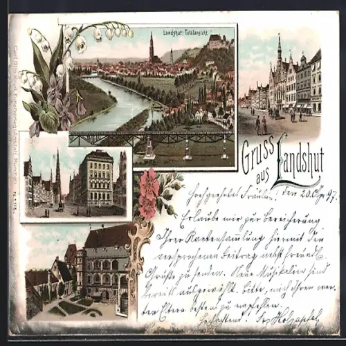 Lithographie Landshut / Isar, Gebäudeansicht mit Anlage, Rathaus mit Passanten, Totalansicht