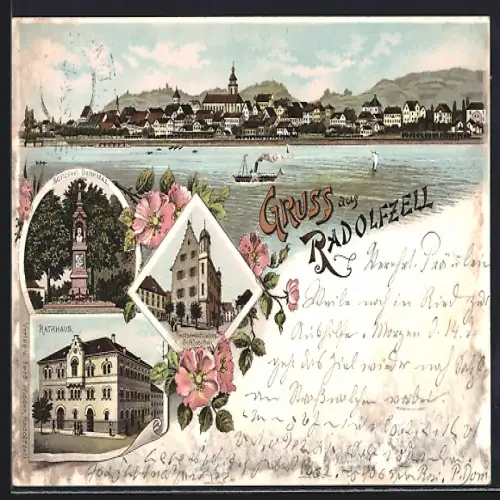 Lithographie Radolfzell, Oesterreichisches Schlösschen, Rathaus, Scheffel-Denkmal